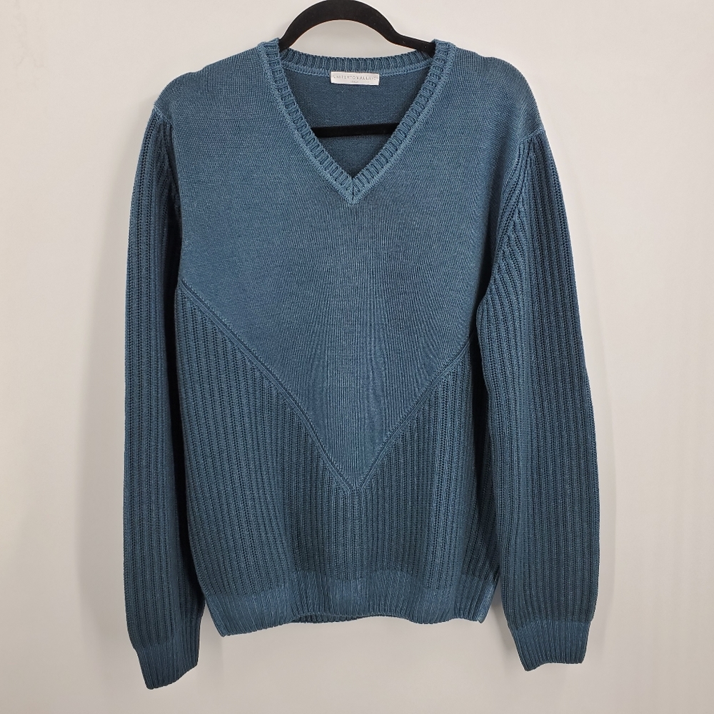 Umberto Vallati Vneck Ribbed Sweater Teal Size 2XL